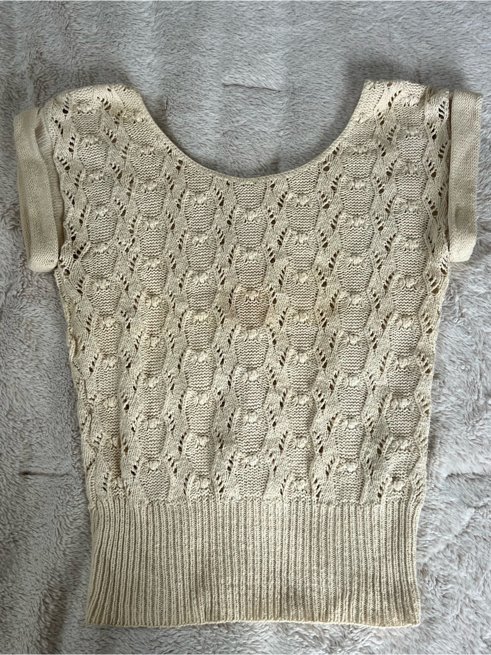 Cream Open-Knit Short Sleeve Sweater Top